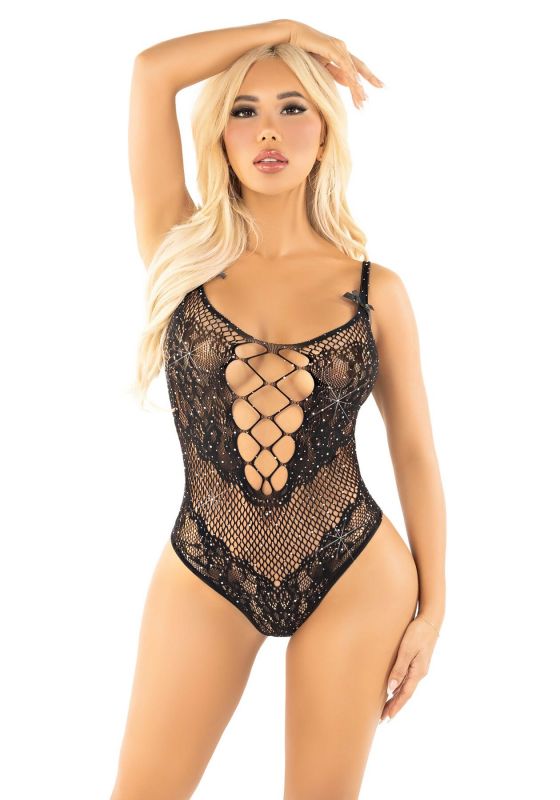 Боді зі стразами Leg Avenue Rhinestone Net and Lace Bodysuit One Size, Black