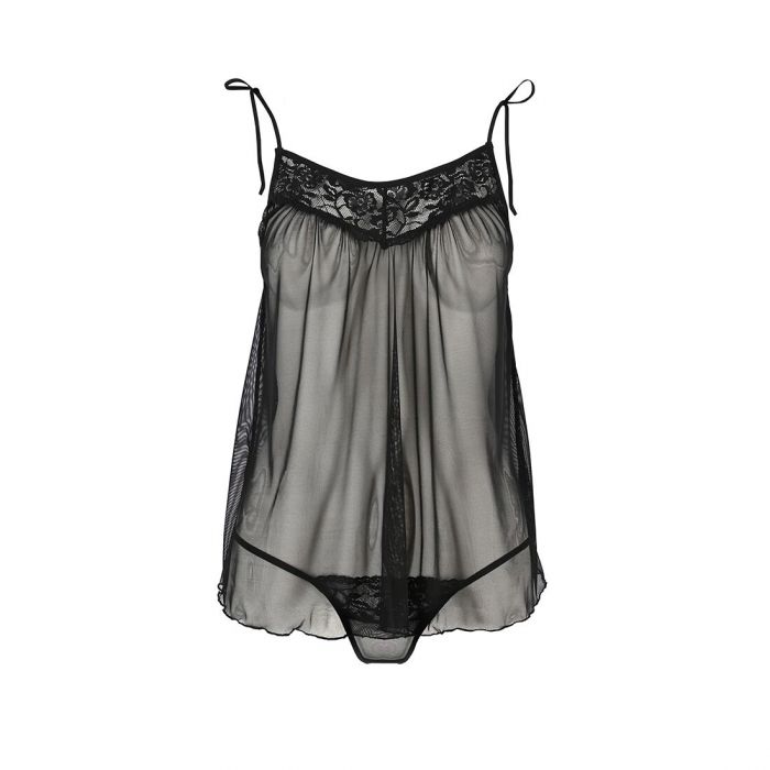 Сорочка прозора бебі-дол Passion MELANIA CHEMISE XXL/XXXL, black, трусики, на тонких бретелях