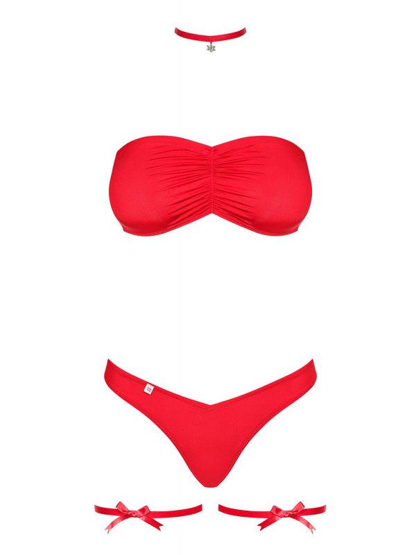 Комплект Obsessive Kissmas Set, S/M, червоний, м’який ліф, трусики зі збіркою, чокер та гартери