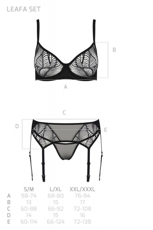 Комплект Passion LEAFA SET black S/M, мереживо+сітка, бюстгальтер на кісточках, стрінги, пояс для панчіх