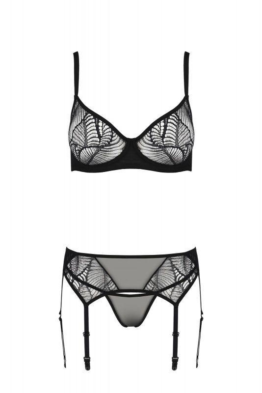 Комплект Passion LEAFA SET black S/M, мереживо+сітка, бюстгальтер на кісточках, стрінги, пояс для панчіх