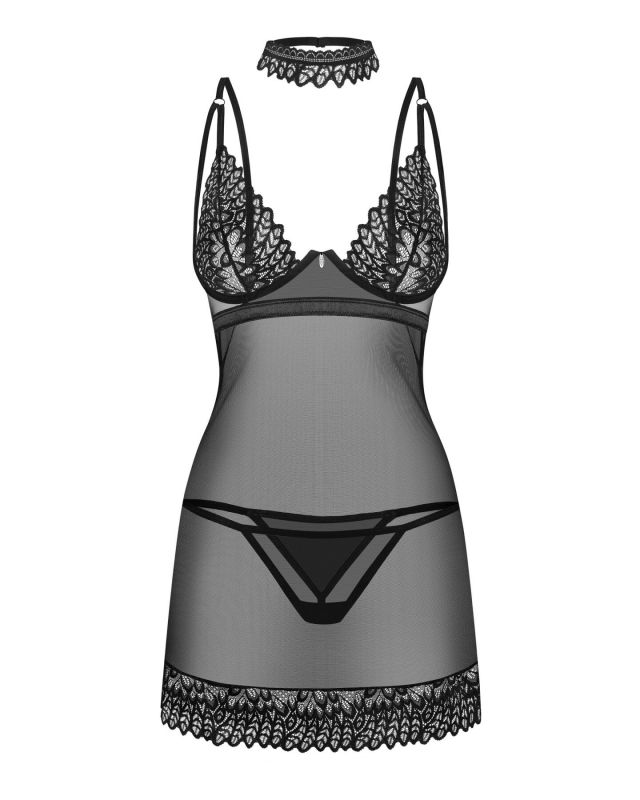 Сорочка Obsessive Donarella chemise & thong, XS/S, мереживний ліф, чокер та стрінги в комплекті