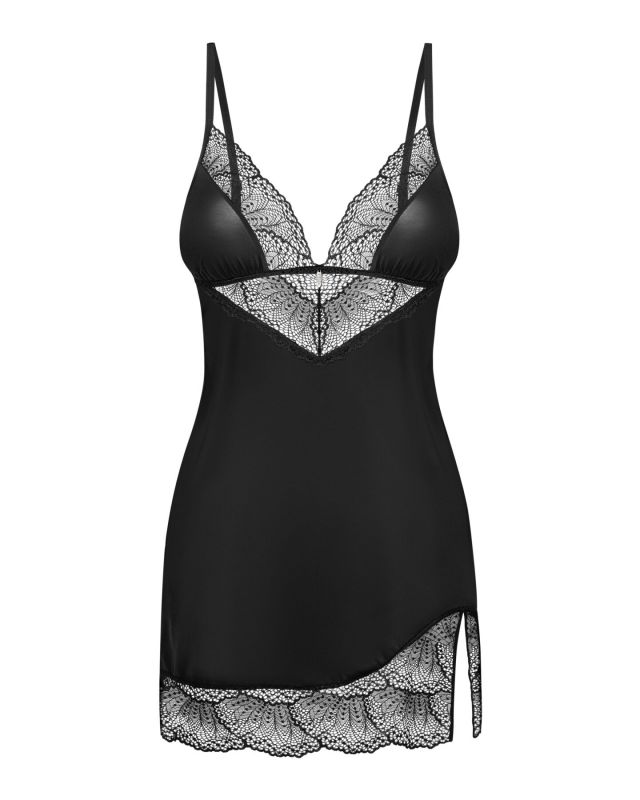 Пеньюар Obsessive Lobellis chemise & thong, XS/S, чорний, мереживне оздоблення, стрінги в комплекті