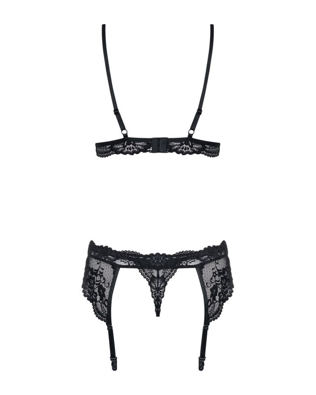 Мереживний комплект білизни Obsessive 810-SEG-1 L/XL Black, бюстгальтер, стрінги, пояс для панчіх