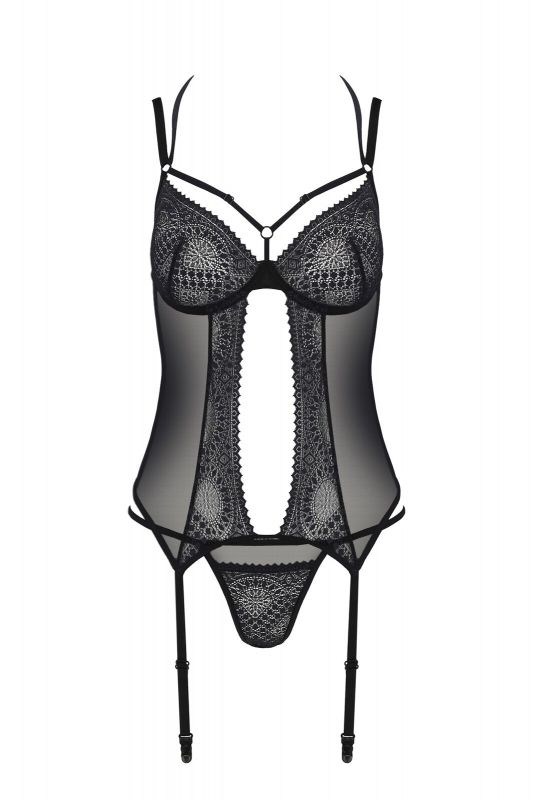 Корсет Passion DROSERA CORSET black, L/XL, з кріпленнями для панчіх, трусики в комплекті