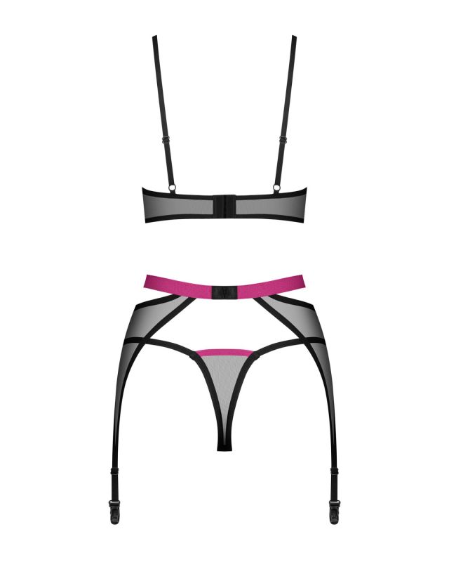Комплект Obsessive Novenes 3-pcs set, M/L, прозорий ліф на кісточках, стрінги, пояс