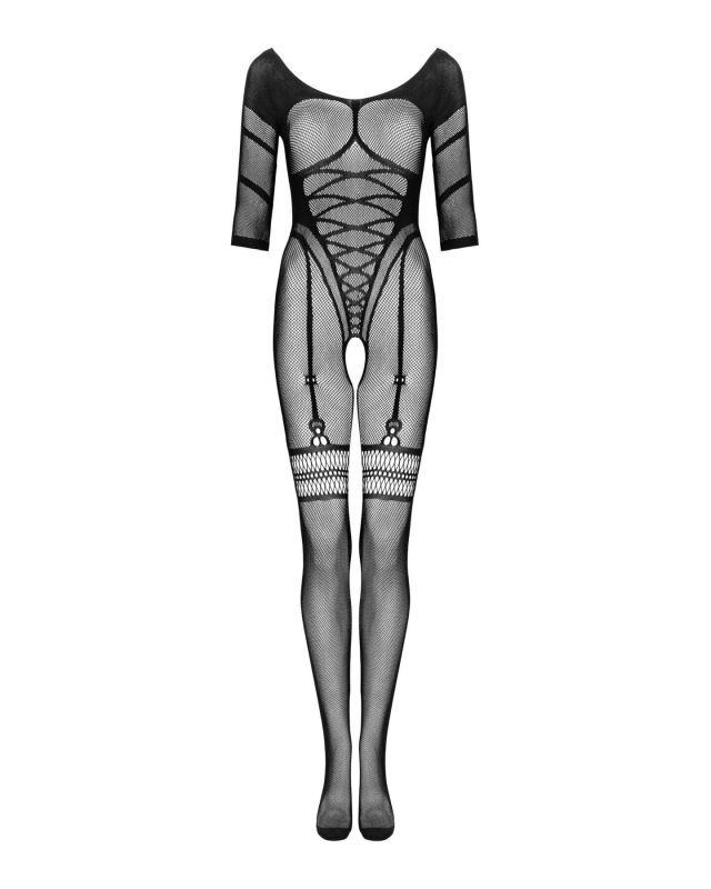Сітчастий бодістокінг з імітацією підв’язок Obsessive Bodystocking G329 S/M/L, black, з доступом