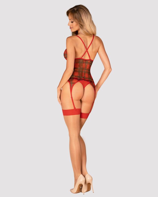 Корсет Obsessive Jollymore corset, M/L, у клітинку, з мереживом, пажі для панчіх, стрінги в комплекті