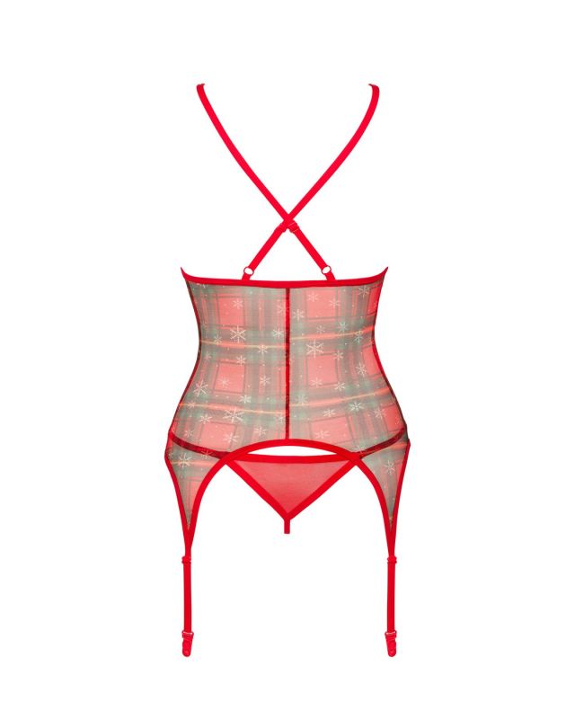 Корсет Obsessive Jollymore corset, XL/2XL, у клітинку, з мереживом, пажі для панчіх, стрінги в комплекті