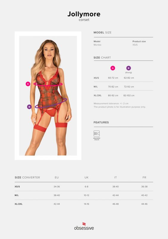 Корсет Obsessive Jollymore corset, XL/2XL, у клітинку, з мереживом, пажі для панчіх, стрінги в комплекті