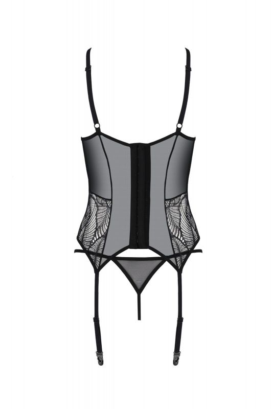 Корсет Passion LEAFA CORSET black S/M, м'які чашки, затискачі для панчіх, стрінги в комплекті
