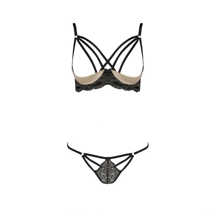 Комплект білизни Passion Exclusive VALERY SET OpenBra L/XL, black, стрепи, трусики, відкритий ліф