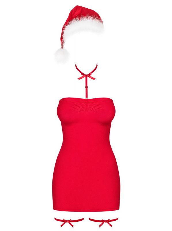 Новорічна сорочка Obsessive Kissmas chemise, L/XL, червона, чокер, гартери та шапочка з помпоном