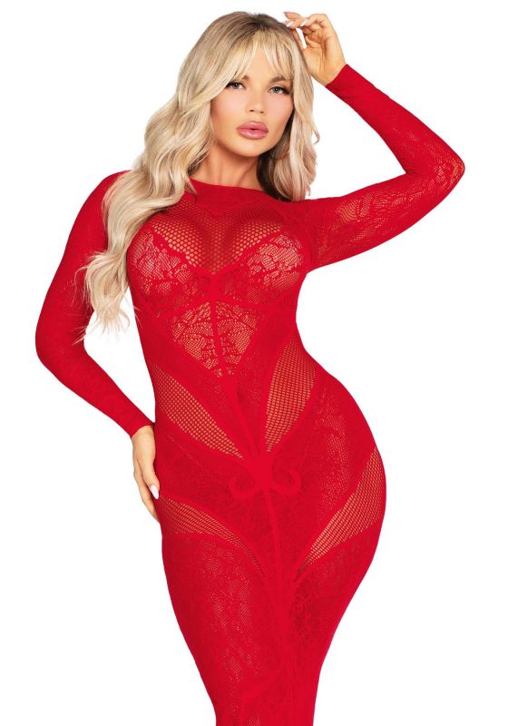 Сукня з довгим рукавом Leg Avenue Lace and Net Bodycon Gown One Size, Red