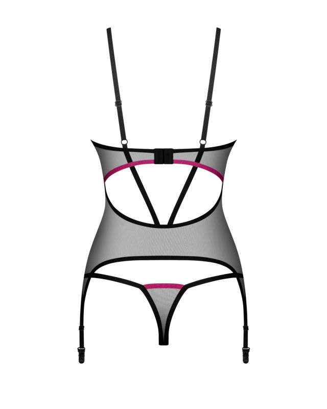 Корсет Obsessive Novenes corset & thong, XL/2XL, прозорий, відкрита спина, стрінги в комплекті