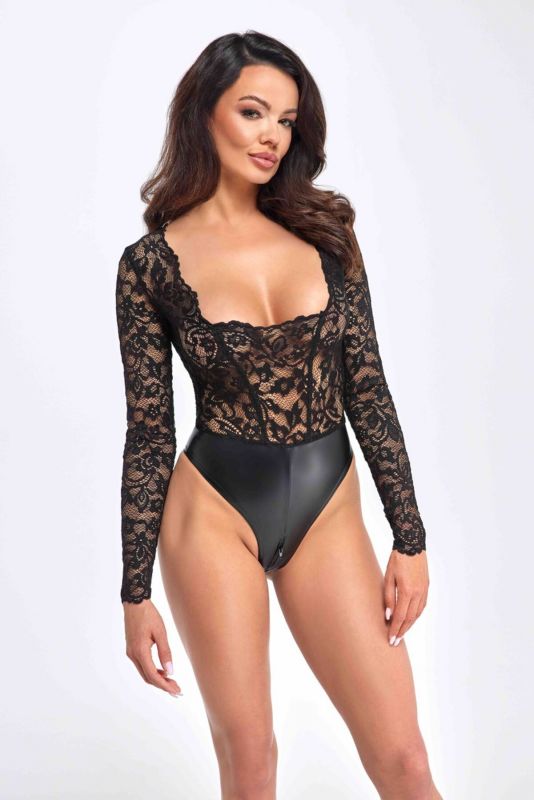 Боді Noir Handmade F296 Psyche, M, мереживо, довгий рукав, низ під латекс, з доступом