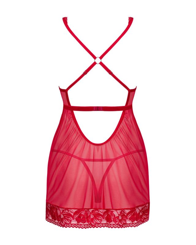Прозора сорочка бебі-дол Obsessive Lacelove babydoll & thong M/L Red, мереживо, стрінги