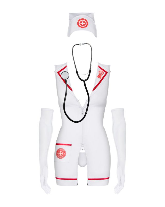 Еротичний костюм медсестри Obsessive Emergency dress S/M, white, сукня, стринги, рукавички, чепчик, стетоскоп