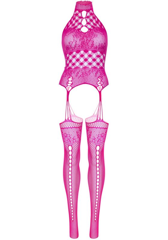 Мереживний бодістокінг з відкритим доступом Leg Avenue High neck lace bodystocking One size Raspberr