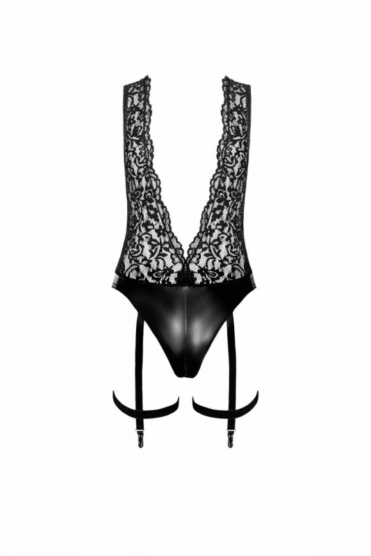 Боді Noir Handmade F297 Libido, L, чорне, мереживо, низ під латекс, відкритий доступ, гартери