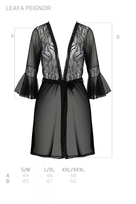 Пеньюар Passion LEAFA PEIGNOIR black, L/XL, довжина трохи вище коліна, широкі рукави, зав'язується на пояс