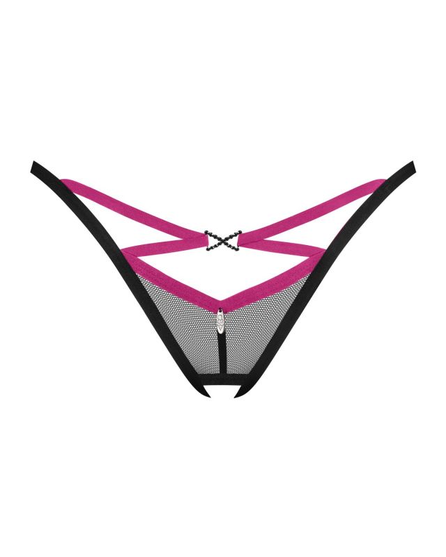 Трусики-стрінги Obsessive Novenes crotchless thong, M/L, сітка, стрепи, прикраса зі стразами
