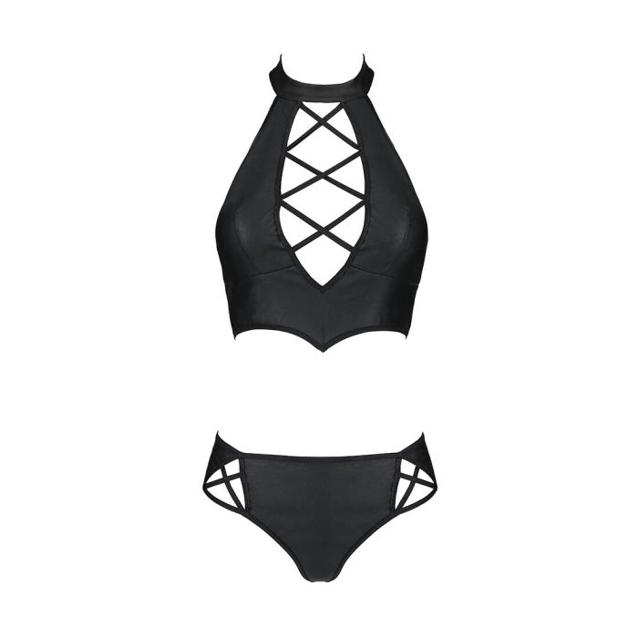 Комплект з еко-шкіри Passion NANCY BIKINI XXL/XXXL, black, бра та трусики з імітацією шнурівки