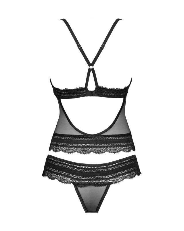 Напівпрозорий набір з прикрасами Obsessive Ivannes top & thong S/M, чорний, топ та танга
