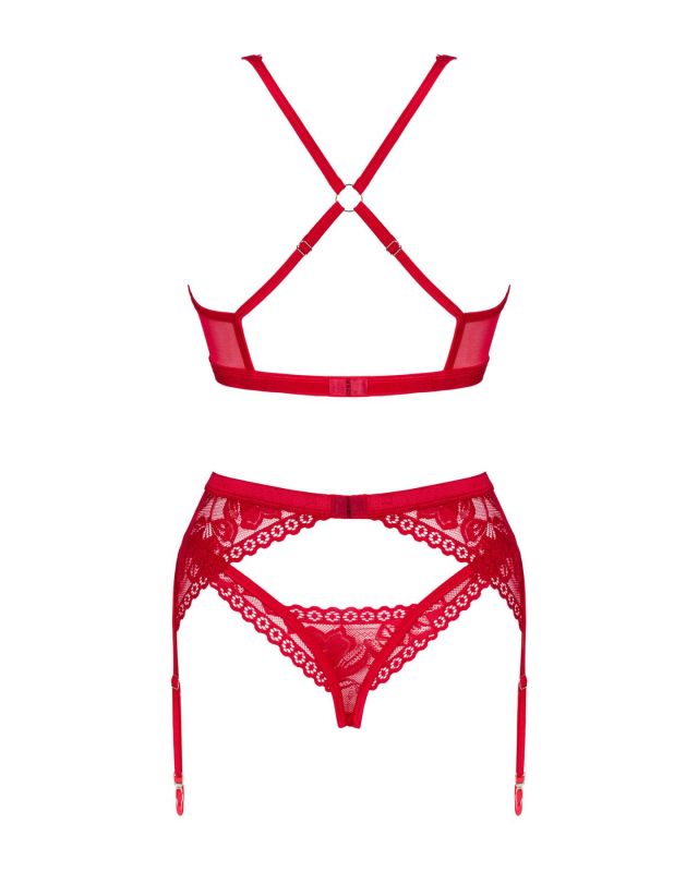 Комплект білизни Obsessive Lacelove cupless 3pcs set XS/S Red, бюстгальтер, стрінги, пояс для панчіх