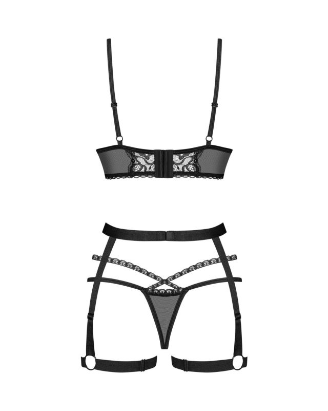 Комплект Obsessive Blomentis 3-pcs set, XL/2XL, м’який ліф, стрінги зі стрепами, пояс із гартерами