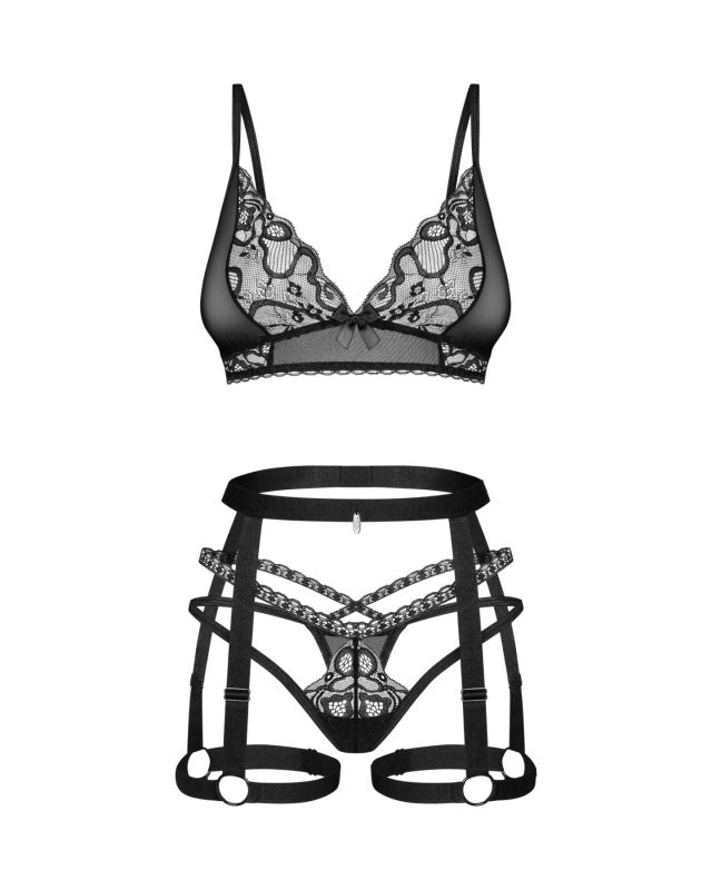 Комплект Obsessive Blomentis 3-pcs set, XL/2XL, м’який ліф, стрінги зі стрепами, пояс із гартерами