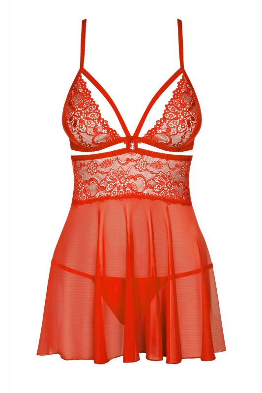 Бебі-дол Obsessive 838-BAB-3 babydoll & thong, 2XL/3XL, червоний, мереживний ліф, стрінги в комплекті