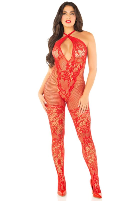 Бодістокінг з глибоким декольте Leg Avenue Seamless Net and Lace Lingerie Jumpsuit One Size, Red