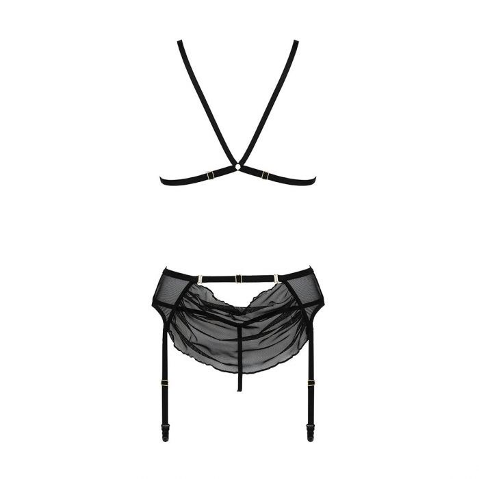 Комплект з відкритим доступом Passion DELIENA SET S/M black, ліф, стрінги, пояс для панчіх