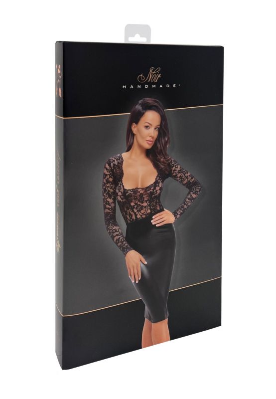 Сукня Noir Handmade F295 Euphoria, XXL, black, мереживо, глибоке декольте, спідниця міді під латекс