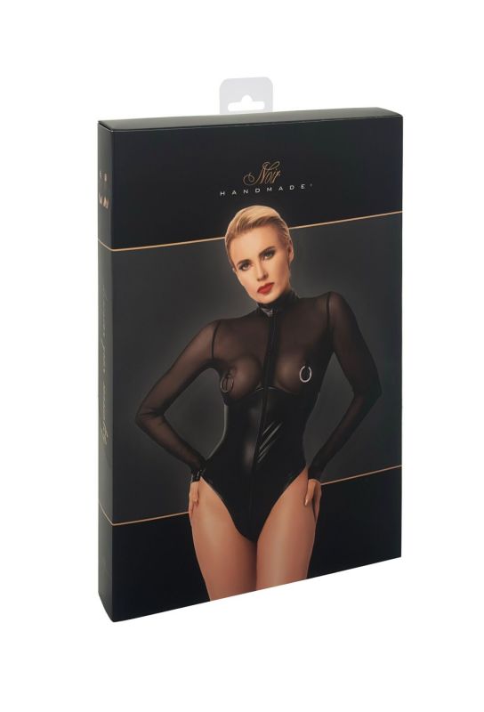 Боді Noir Handmade F321 Edge, XXL, низ під латекс, верх сітка, блискавка на все тіло, декор кільця