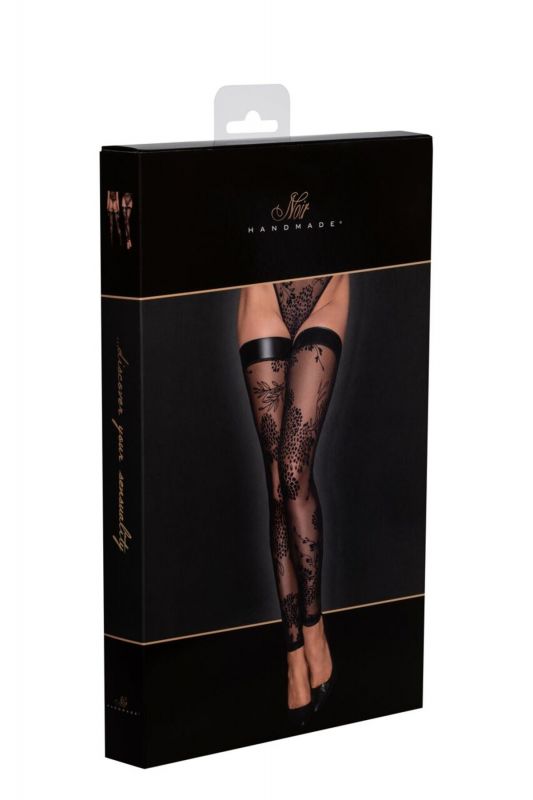 Панчохи без миска Noir Handmade F243 Tulle stockings with patterned flock embroidery, 3XL