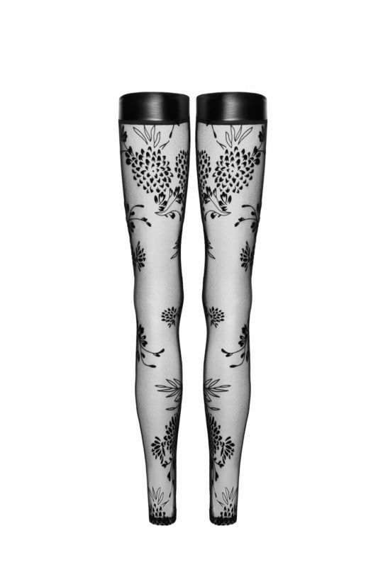 Панчохи без миска Noir Handmade F243 Tulle stockings with patterned flock embroidery, L