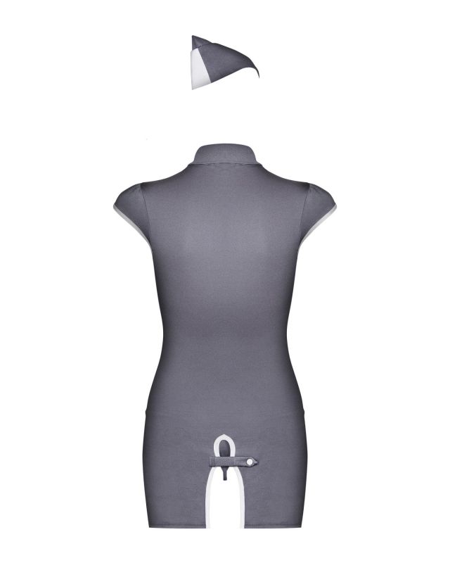 Еротичний костюм стюардеси Obsessive Stewardess 3 pcs grey L/XL, сірий, сукня, стрінги, пілотка