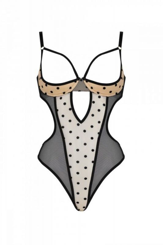 Еротичне боді Passion MARINA BODY, S/M, beige, з відкритими чашками