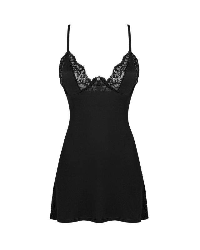 Сорочка Obsessive Bellastia chemise & thong, M/L, непрозора, фігурне декольте, стрінги в наборі