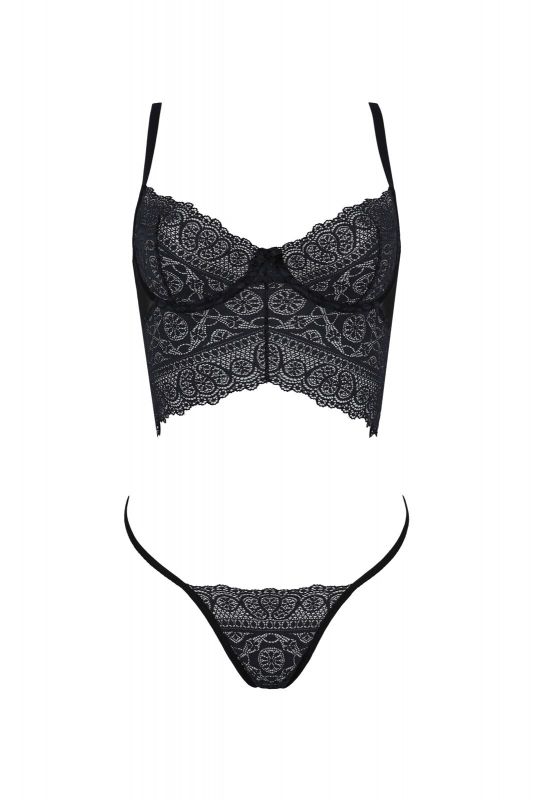 Комплект Passion KERRIA SET black, XXL/XXXL сітка+мереживо, бюстьє та стрінги