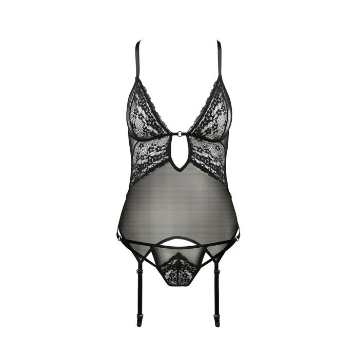 Корсет з декольте Passion ERZA CORSET S/M, black, пажі, трусики, напівпрозорий