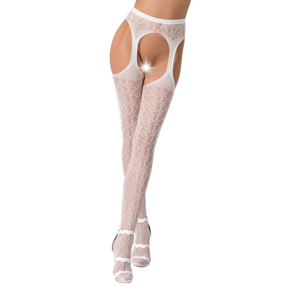 Мереживні колготки-бодістокінги Passion S014 One Size, White, імітація панчіх та пояса з гартерами