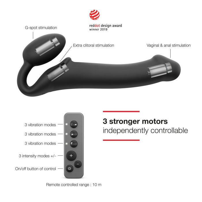 Безремінний страпон з вібрацією Strap-On-Me Vibrating Black L, діаметр 3,7см, пульт ДК, регульований