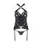 Сітчастий комплект з візерунком Passion HIMA CORSET L/XL black корсет з халтером, підв'язки, трусики
