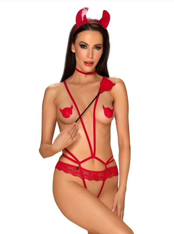 Еротичний костюм чортика зі стреп Obsessive Evilia teddy red L/XL