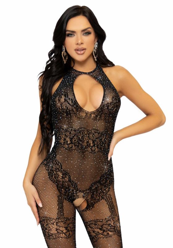 Бодістокінг Leg Avenue Rhinestone Lace and Net Bodystocking OS Black
