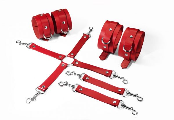 Набір для БДСМ Feral Feelings BDSM Kit 3 Red, наручники, поножі, хрестовина