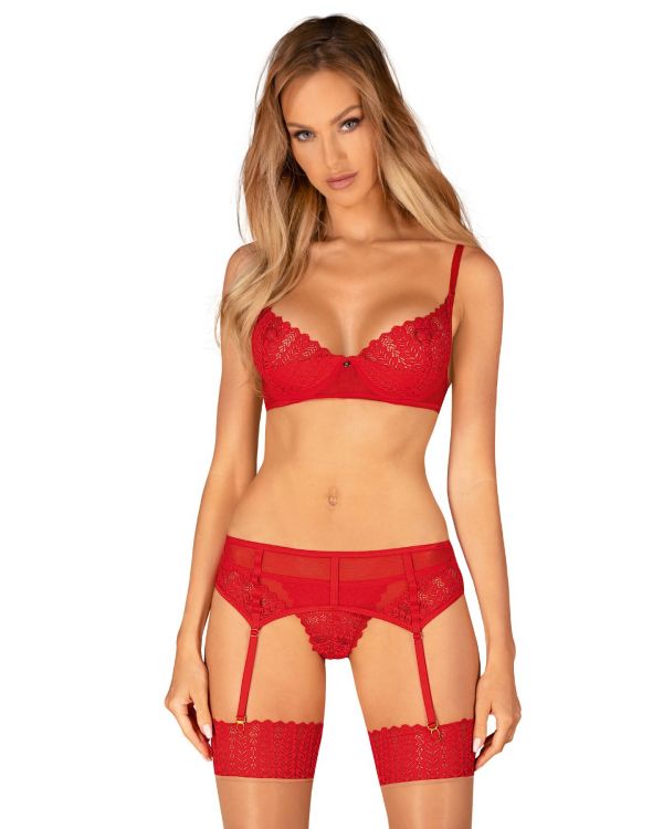 Комплект Obsessive Ingridia 3-pcs set XL/2XL, червоний, бюстгальтер, стрінги, пояс